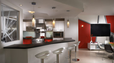 Interior view of contemporary apartment with red feature countertop, interior design, kitchen, real estate, gray