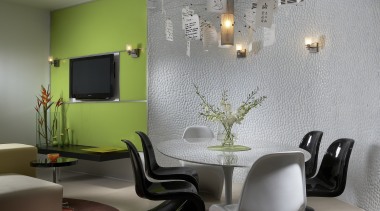 View of dining area and black and white ceiling, furniture, interior design, living room, product design, room, table, wall, gray