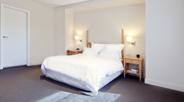 Contemporary home. Oppidan Homes. Director Steven Gild. Bedroom. bed, bed frame, bedroom, ceiling, floor, home, property, real estate, room, suite, wall, white, gray