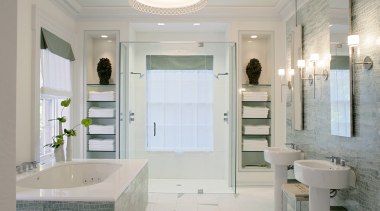 This bathroom, designed by Jamie Drake of Drake bathroom, ceiling, estate, floor, flooring, home, interior design, property, real estate, room, tile, window, gray
