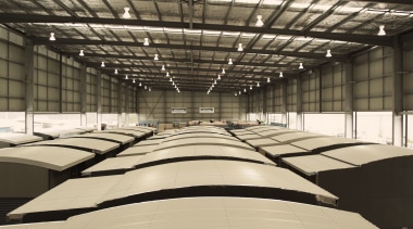 View of building by Hutchinson Builders. - View daylighting, steel, structure, black, orange