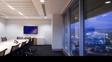 View of a conference room with  floor ceiling, interior design, lighting, office, real estate, gray, blue
