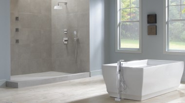 This shower was designed by Toto USA Inc. bathroom, floor, flooring, interior design, plumbing fixture, product design, tile, gray