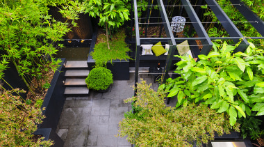 Dark finishings contrast with the various plants in backyard, courtyard, garden, grass, landscape, landscaping, leaf, plant, tree, walkway, yard, green