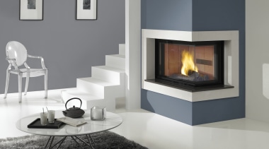 This frieplace was designed and supplied by Cheminees fireplace, furniture, hearth, heat, home appliance, interior design, living room, product design, wood burning stove, gray