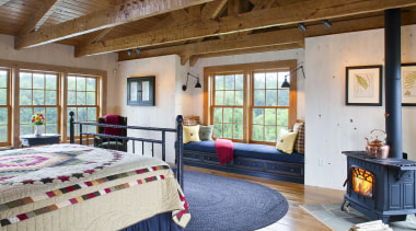 View of bedroom with patchwork quilt, blue mat ceiling, estate, home, interior design, living room, real estate, room, wood, brown