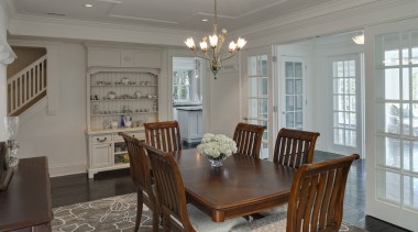 View of dining area in 1950's remodelled lakefront ceiling, dining room, estate, home, house, interior design, living room, property, real estate, room, table, window, gray