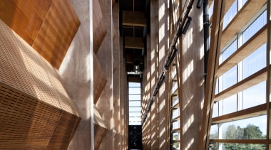 Here is a view of MOTAT's Arviation Display architecture, building, daylighting, interior design, lobby, wood, brown