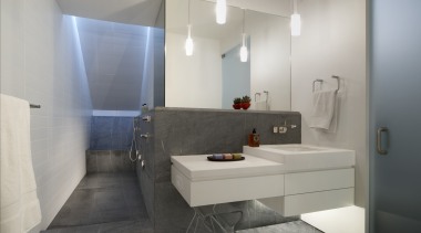 View of contemporary bathroom with white walls, grey architecture, bathroom, floor, flooring, interior design, product design, real estate, room, sink, tile, gray