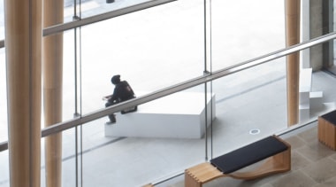 Here is a view of the kauri canopy floor, flooring, furniture, glass, handrail, product design, shelf, shelving, table, wall, gray