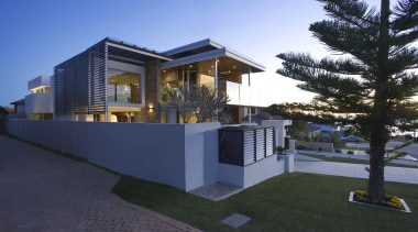 This home was designed by Jason Saunders of architecture, building, elevation, estate, facade, home, house, property, real estate, residential area, villa, teal, black, blue