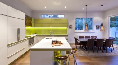 View of contemporary kitchen with wooden flooring and interior design, kitchen, real estate, room, table, gray