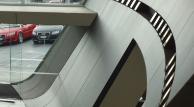 Here is a view of the curved wall architecture, product design, gray, black