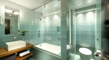 This home's interior was designed by James Laney bathroom, glass, interior design, room, tile, green