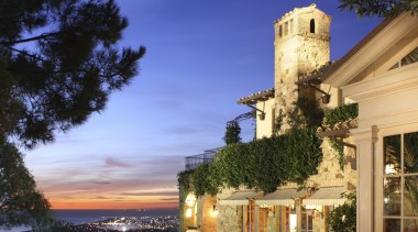 Exterior view of home with pool and dining estate, evening, home, landscape lighting, lighting, real estate, reflection, sky, tree, water, black, blue