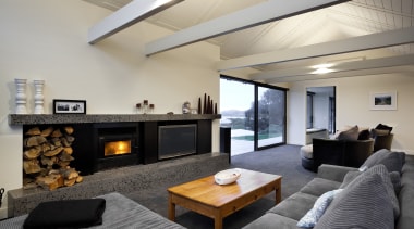 View of contemporary lounge with grey couch and architecture, ceiling, hearth, home, house, interior design, living room, property, real estate, room, gray