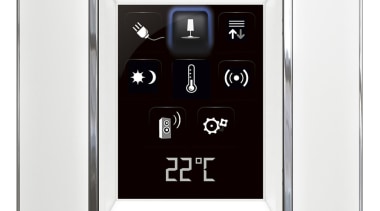 View of home automation system with signs and electronic device, product design, technology, white