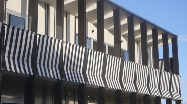View of exterior with striped feature. - View architecture, brutalist architecture, building, commercial building, corporate headquarters, facade, property, real estate, structure, window, black