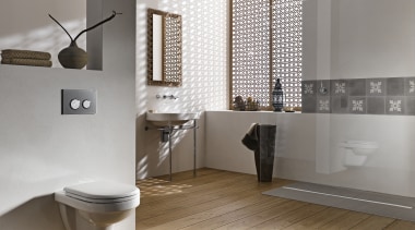 View of contemporary bathroom with wooden flooring. bathroom, bathroom accessory, floor, flooring, hardwood, home, interior design, laminate flooring, plumbing fixture, product design, room, sink, tile, wall, wood, wood flooring, gray