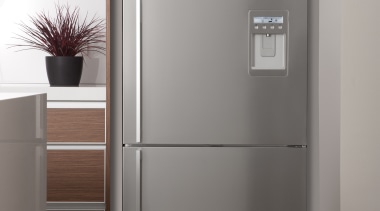 View of stainless fridge. - View of stainless cabinetry, cupboard, floor, furniture, home appliance, product, product design, refrigerator, wardrobe, gray