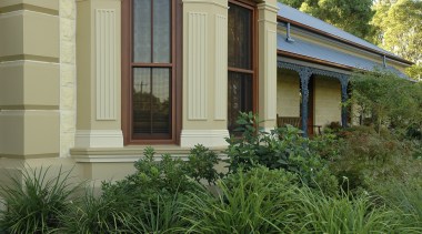 View of exterior and garden - View of cottage, estate, facade, grass, home, house, landscaping, plant, porch, property, real estate, siding, window, yard, brown, green