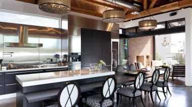 exposed timber ceiling, white glass benchtops, white and countertop, interior design, kitchen, real estate, white, black