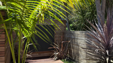 View of patio area with landscaping. - View arecales, botanical garden, flora, garden, leaf, outdoor structure, palm tree, plant, tree, tropics, vegetation, walkway, brown, black