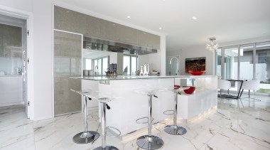 View of light toned kitchen with marble floor countertop, interior design, kitchen, property, real estate, room, white, gray
