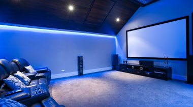 Outdoor night shot of contemporary house and pool blue, interior design, light, lighting, room, technology, blue