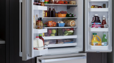 View of open fridge with freezer drawer and display case, home appliance, kitchen appliance, major appliance, product, refrigerator, gray, black