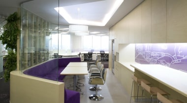 View of seating area with purple booth seating architecture, ceiling, interior design, white, gray