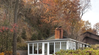Entrance leading up to home with white windowframes autumn, cottage, estate, garden, home, house, landscape, leaf, nature, plant, property, real estate, residential area, sky, spring, tree, brown