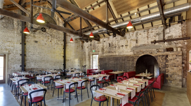View of dining area with red seats and interior design, restaurant, brown