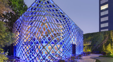 Exterior view of building with lattice pattern and architecture, building, facade, landmark, majorelle blue, metropolitan area, tourist attraction, tree, blue