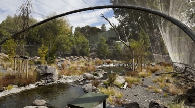 View of stone path and landscaping with water landscape, leaf, plant, real estate, reflection, sky, tree, walkway, water, gray, brown