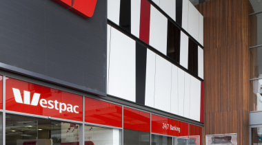 View of Westpac with red, black and white architecture, building, facade, gray