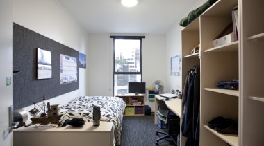 View of room in University of Auckland halls interior design, office, room, gray, brown