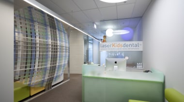 View of waiting room with green front desk. architecture, ceiling, interior design, office, product design, gray
