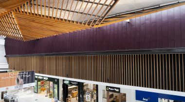 High angle shot showing interior of mall with architecture, ceiling, daylighting, interior design, lobby, roof, gray