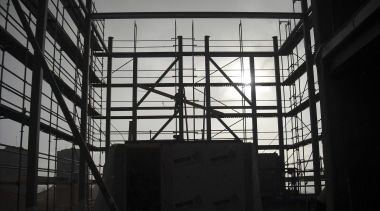 View of interior structure by George Grant Engineering. architecture, black and white, building, daylighting, industry, iron, metal, monochrome, monochrome photography, structure, black, gray