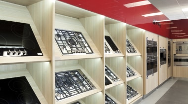 View of Smeg retail display at Kitchen Things. ceiling, display case, interior design, product design, retail, shelving, shoe store, gray