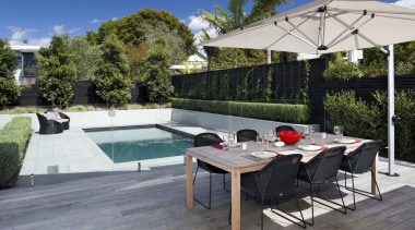 Here is a home designed by Belinda George backyard, estate, leisure, outdoor furniture, outdoor structure, patio, property, real estate, sunlounger, swimming pool, table, gray