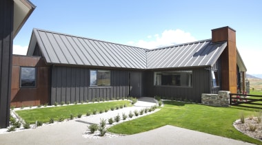 View of contemporary grey home with path leading architecture, cottage, elevation, facade, farmhouse, home, house, property, real estate, residential area, roof, siding, white