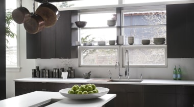 oak cabinets, white quartz benchtops, shelves along windows, countertop, cuisine classique, interior design, kitchen, black, white