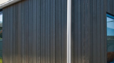 View of spouting and drainpipe system. - View architecture, building, facade, garage, garden buildings, house, real estate, shed, siding, structure, black