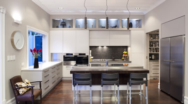 wide shot of entire kitchen, front-on - wide ceiling, countertop, interior design, kitchen, living room, real estate, room, gray