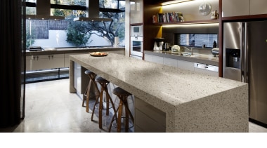 Kitchen with contemporary island with DuPont surface. countertop, interior design, kitchen, table, white, black