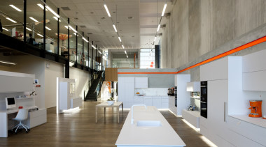 Interior with display kitchen with white cupboards and architecture, ceiling, exhibition, interior design, gray, brown