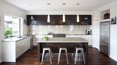 Kitchen with wooden flooring, white benches and cupboards cabinetry, countertop, cuisine classique, floor, interior design, kitchen, real estate, room, wood flooring, white