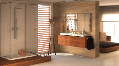 Bathroom with wooden vanity, brick feature wall and bathroom, cabinetry, floor, flooring, interior design, room, wood, brown, orange